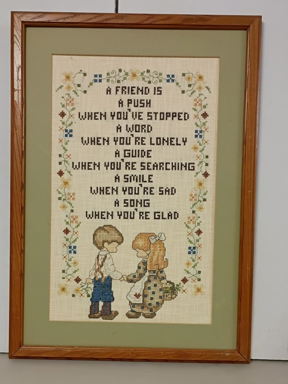 Vintage Green-Matted Framed Cross-Stitch Friendship Art